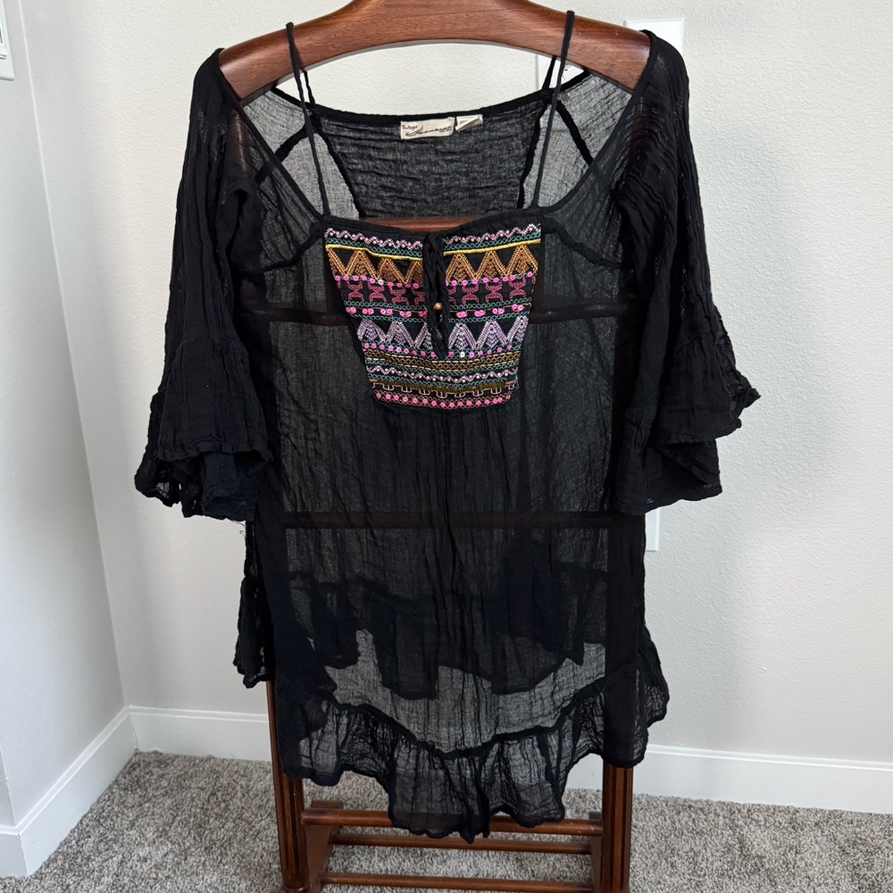Vintage Havana Black Boho Gauze Tunic Embroidered Bell Sleeve Beach Cover Up M